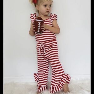 92. Girls Red/White Stripe drawstring Romper